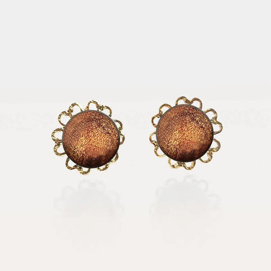 Boucles d'oreilles fleur plaque dorées marron orange safrane