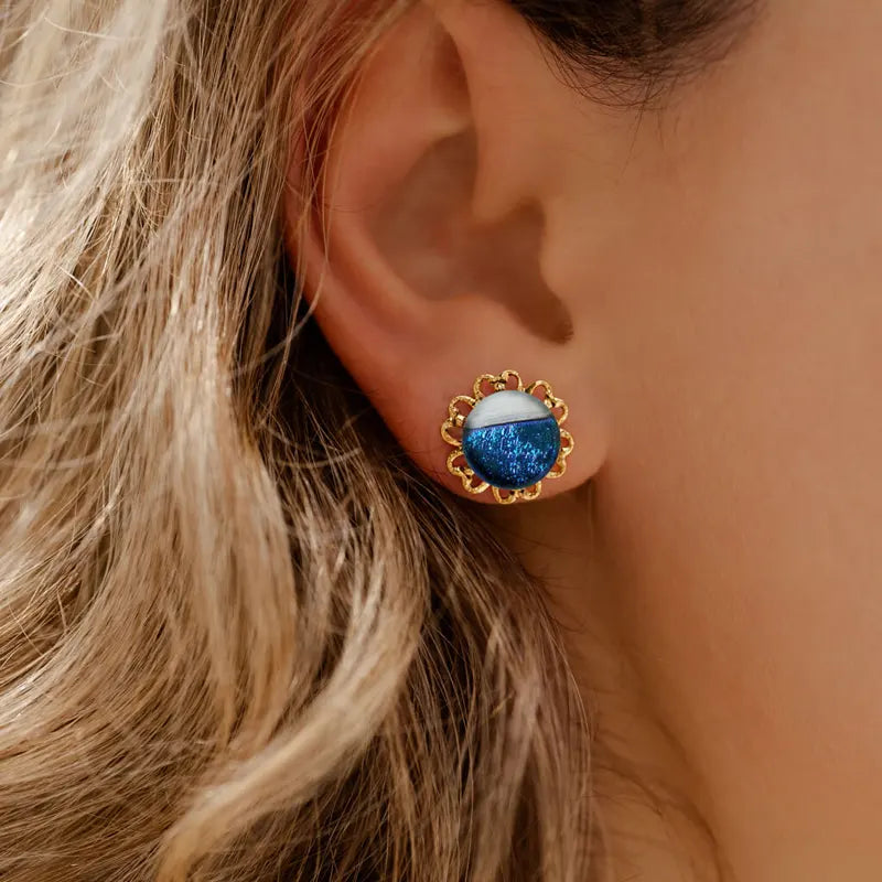 Boucles d'oreilles fleur pour femme dorées bleu bleuange