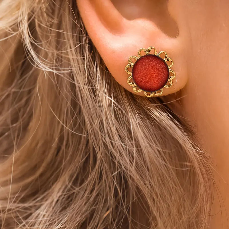 Boucles d'oreilles fleur bohème dorées rouge flambesia