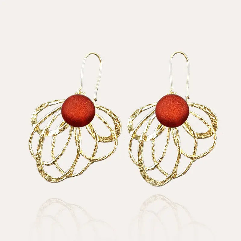 Boucles d'oreilles paon femme pendantes plaqué or rouge flambesia