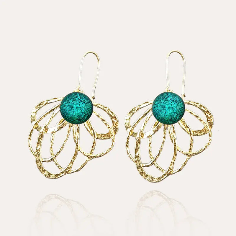 Boucles d'oreilles paon pendantes fantaisie, dorées vertes. emeria