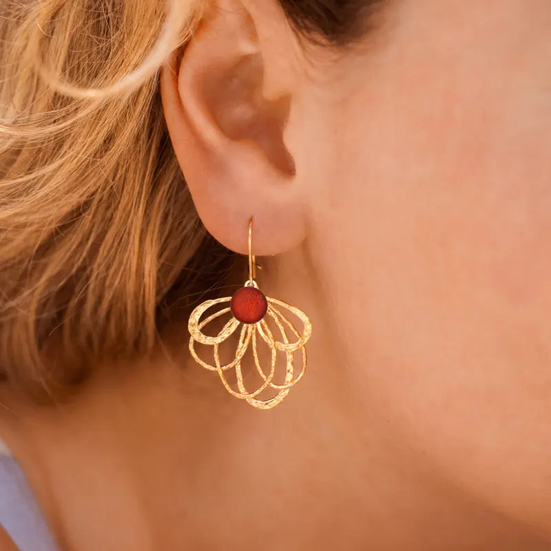 Boucles d'oreilles paon plume de or rouge flambesia