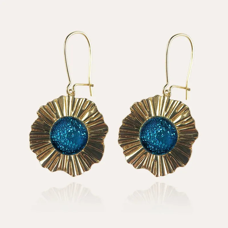 Boucles d'oreilles perle de verre et cratère fillette pendantes plaqué or bleu azuline