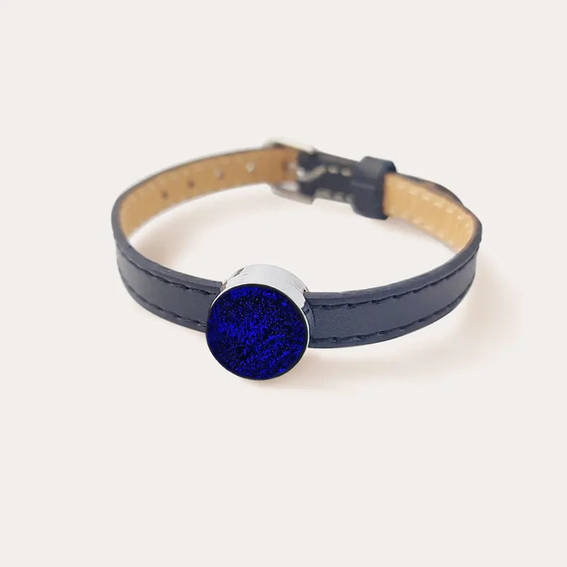 Bracelet cuir noir, manchette en bleu nocturnelle