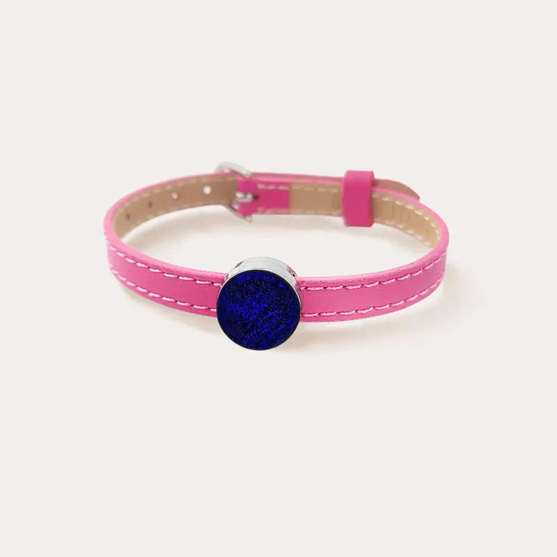 Bracelet en cuir rose avec perles de verre bleu nocturnelle